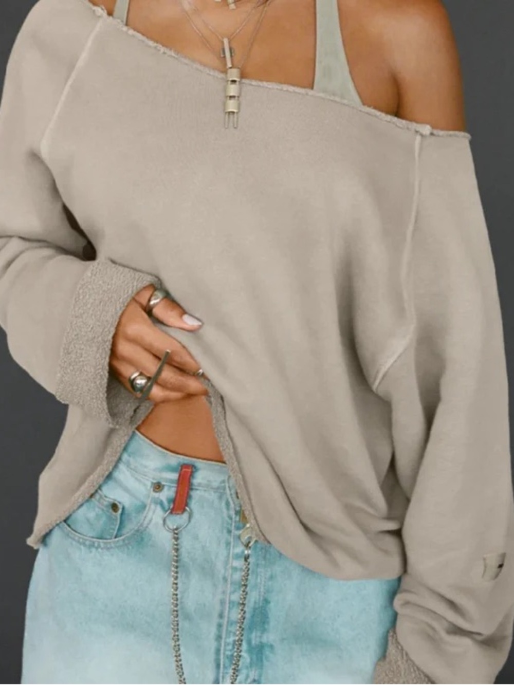 Joah Brown Relaxed Off-Shoulder Women’s Sweater in Beige